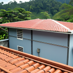 **A rooftop rainwater harvesting system in Malaysia.** *Image showing a modern Malaysian house with a rainwater collection system installed. Include a visible storage tank, piping running along the house, and a clean, well-maintained exterior. The background should feature a typical Malaysian neighborhood with lush greenery.*