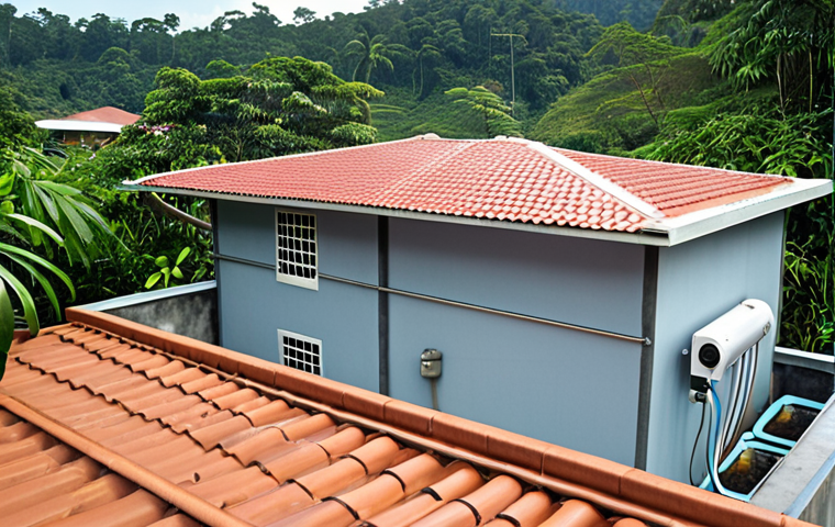 **A rooftop rainwater harvesting system in Malaysia.** *Image showing a modern Malaysian house with a rainwater collection system installed. Include a visible storage tank, piping running along the house, and a clean, well-maintained exterior. The background should feature a typical Malaysian neighborhood with lush greenery.*